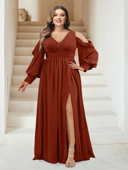 A-Line V-Neck Long Sleeves Plus Size Bridesmaid Dresses with Split