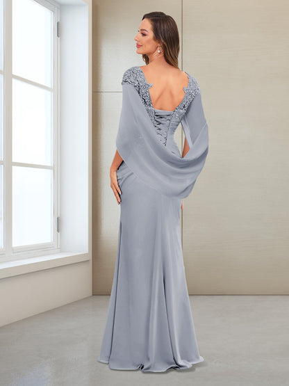 Sheath/Column V-Neck Floor-Length Chiffon Mother of the Bride Dresses with Appliques