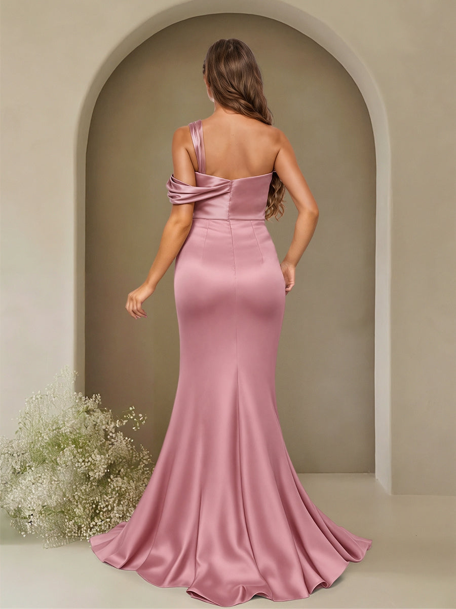 Sheath/Column One-Shoulder Sleeveless Sweep Train Formal Dresses with Split Side