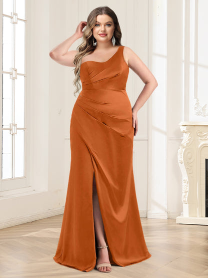 Trumpet/Mermaid One-Shoulder Floor-Length Plus Size Ruched Bridesmaid Dresses