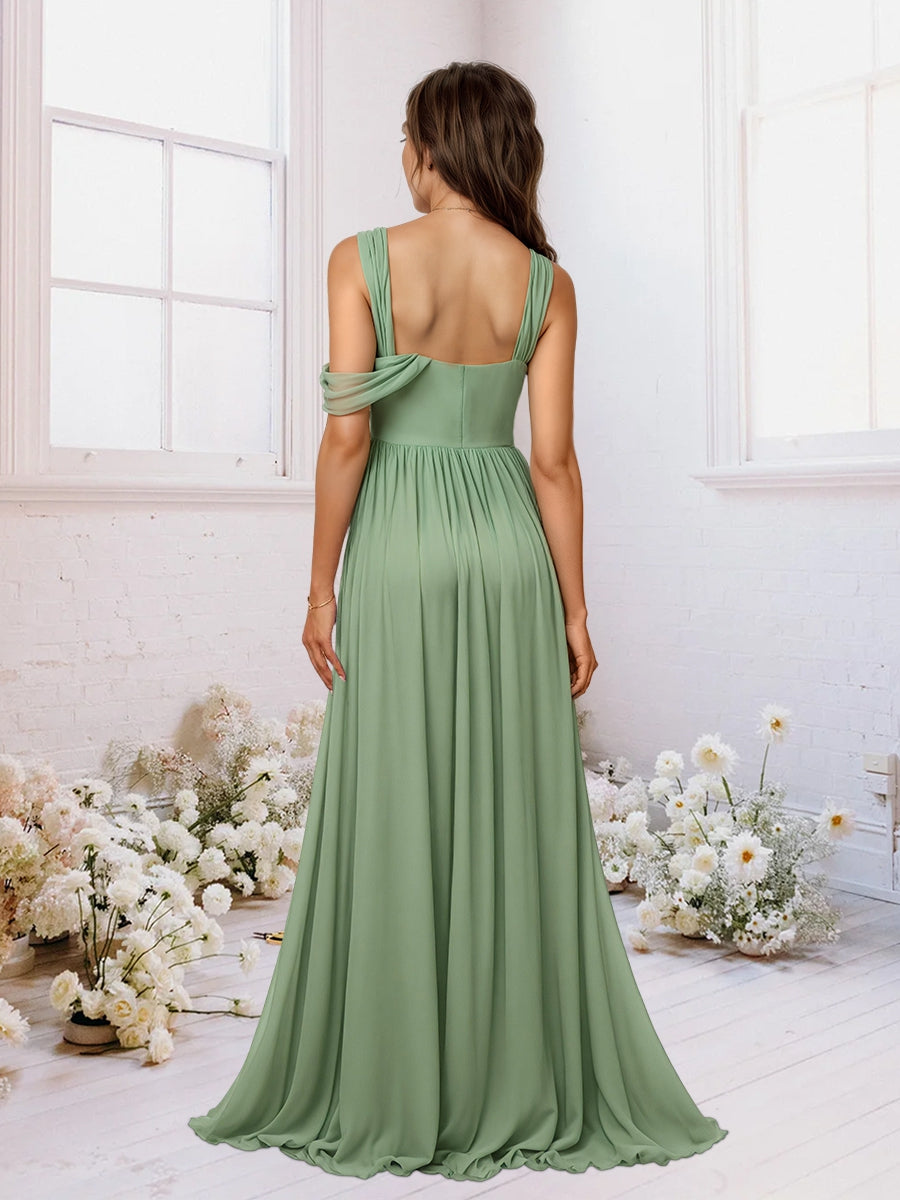 A-Line/Princess Criss Cross Floor-Length Chiffon Ruched Bridesmaid Dresses with Split Side