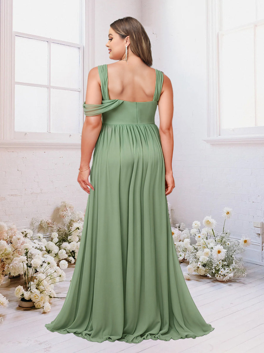 A-Line/Princess Criss Cross Floor-Length Chiffon Ruched Plus Size Bridesmaid Dresses with Split Side