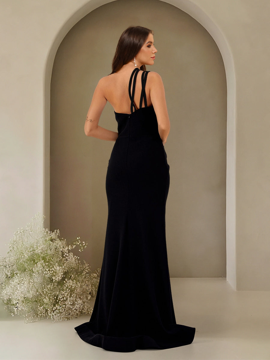 Sheath/Column One-Shoulder Sleeveless Sweep Train Evening Dresses with Split Side