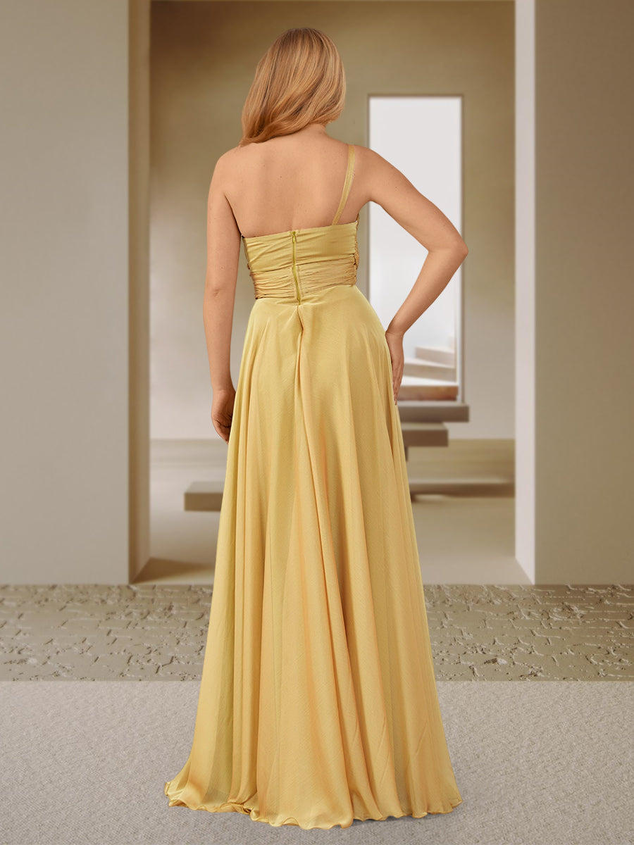 A-Line/Princess One-Shoulder Sleeveless Ruched Bridesmaid Dresses with Side Slit & Ruffles