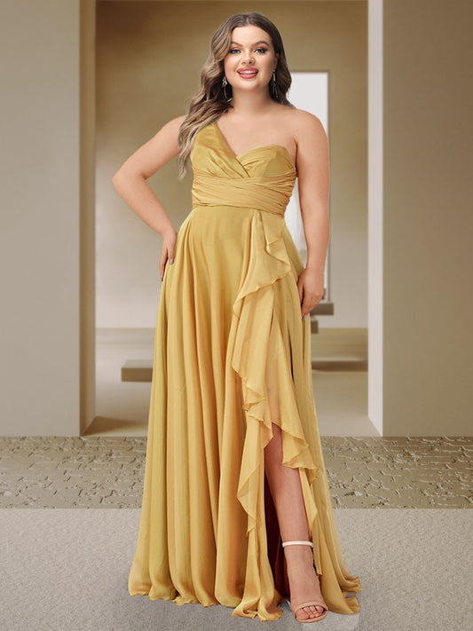 A-Line/Princess One-Shoulder Sleeveless Ruched Plus Size Bridesmaid Dresses with Side Slit & Ruffles