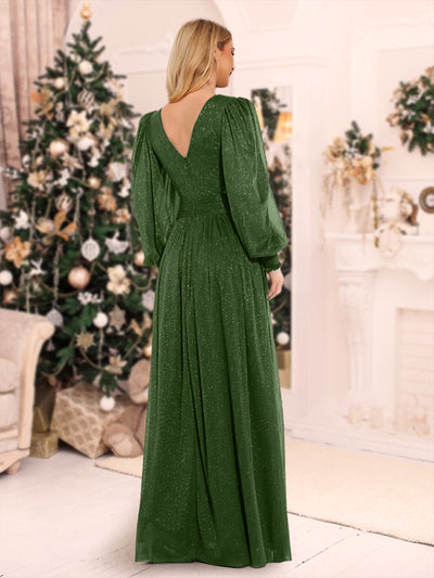 Sexy A-Line/Princess V-Neck Long Sleeves Floor-Length Christmas Dresses with Side Slit