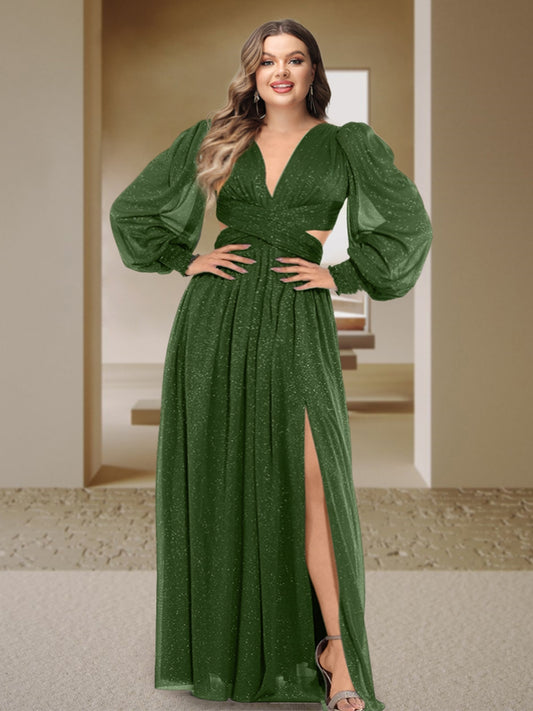 Sexy A-Line/Princess V-Neck Long Sleeves Floor-Length Plus Size Bridesmaid Dresses with Side Slit