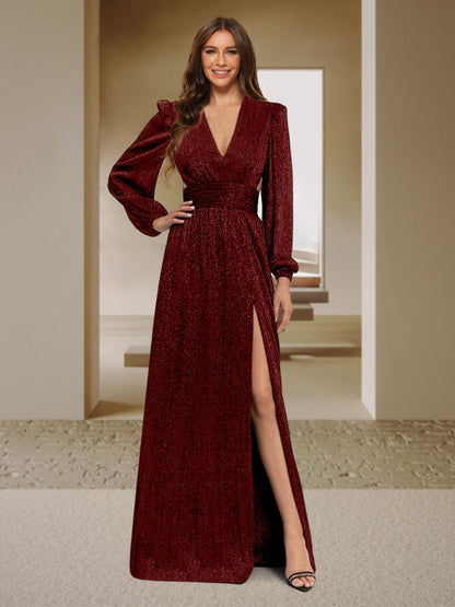 A-Line/Princess V-Neck Long Sleeves Floor-Length Evening Dresses with Split Side