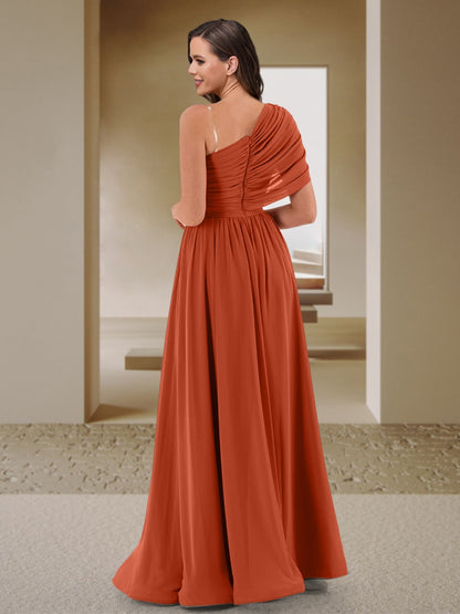 A-Line/Princess One-Shoulder Ruched Satin Bridesmaid Dresses with Side Slit