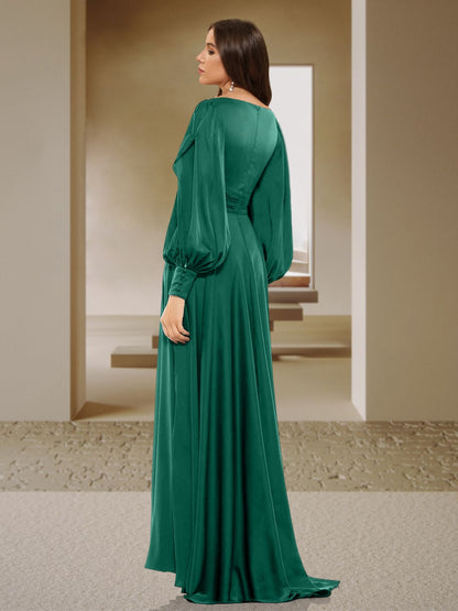 A-Line/Princess V-Neck Long Sleeves Ruched Evening Dresses with Split Side