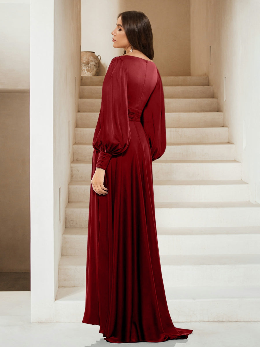 A-Line/Princess V-Neck Long Sleeves Satin Evening Dresses with Side Slit