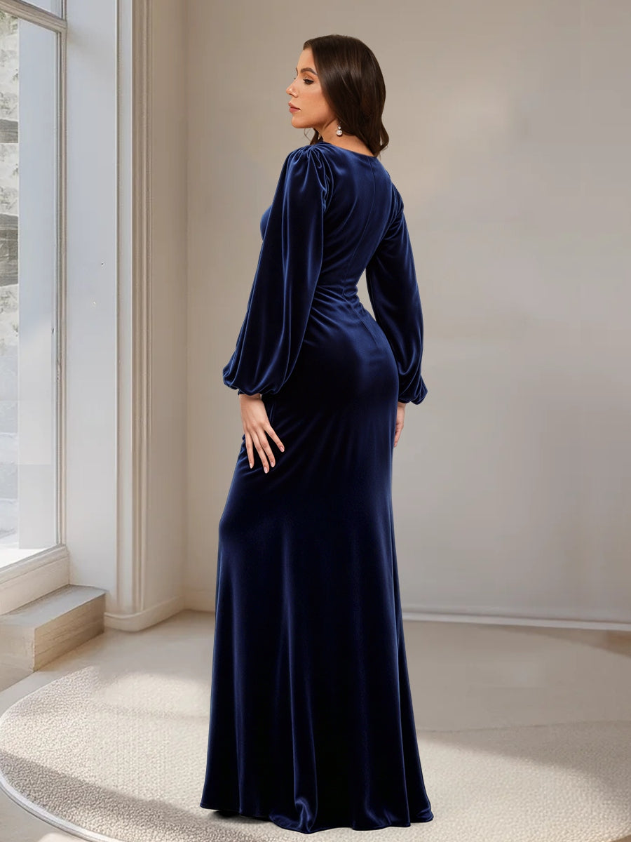 Trumpet/Mermaid V-Neck Long Sleeves Ruched Velvet Evening Dresses with Side Slit