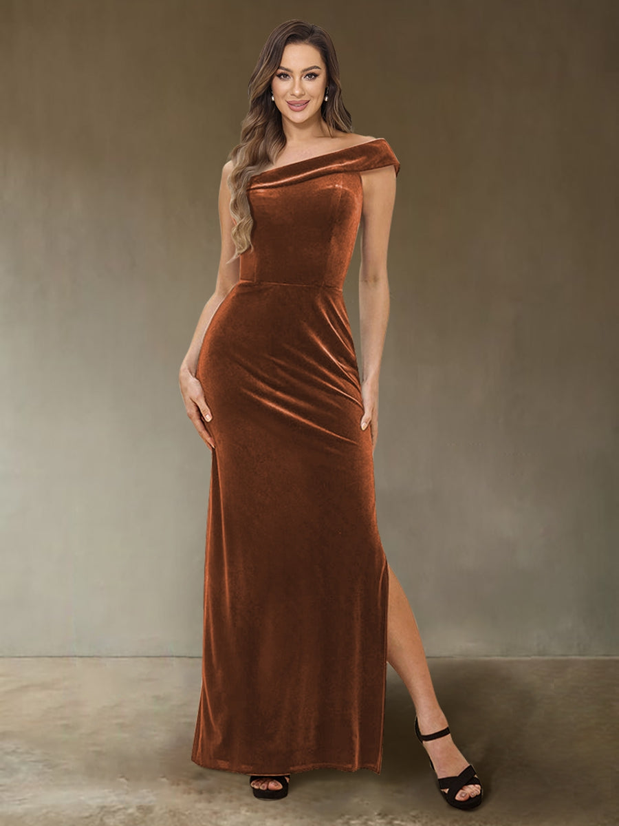 Sheath/Column One-Shoulder Sleeveless Velvet Evening Dresses with Side Slit