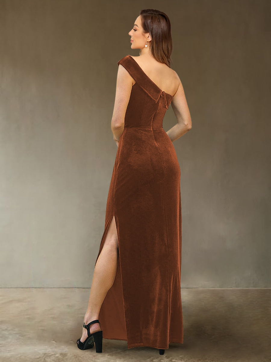 Sheath/Column One-Shoulder Sleeveless Velvet Evening Dresses with Side Slit