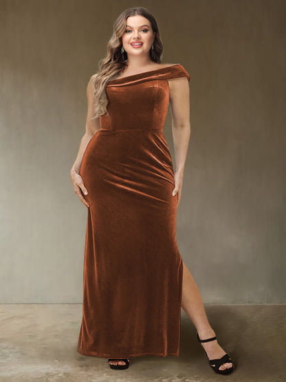 Sheath/Column One-Shoulder Sleeveless Velvet Plus Size Evening Dresses with Side Slit