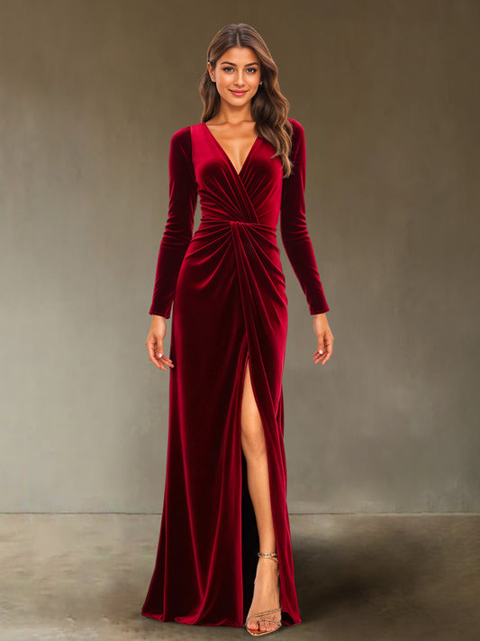 Sheath/Column V-Neck Long Sleeves Velvet Ruched Evening Dresses with Side Slit