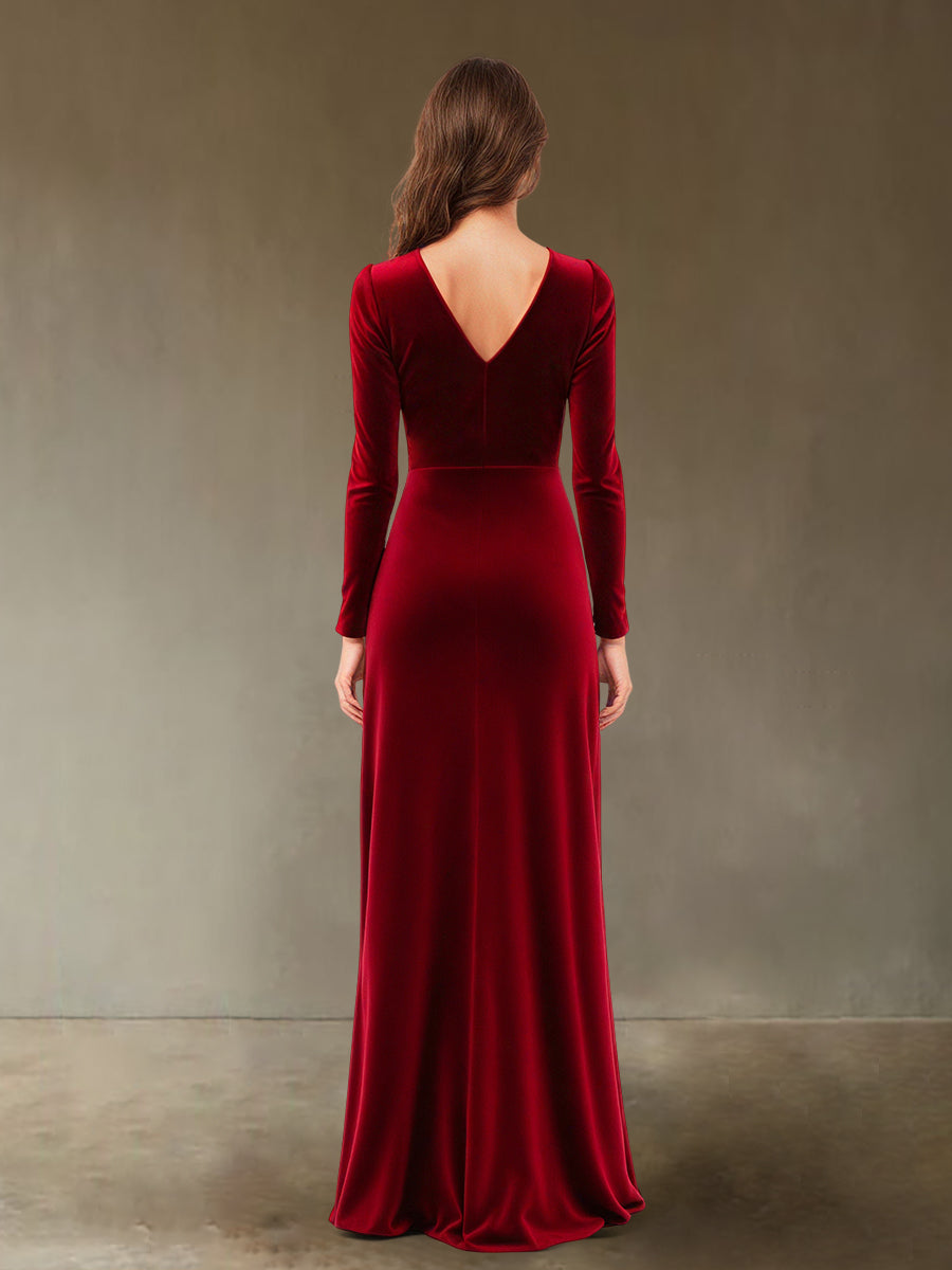 Sheath/Column V-Neck Long Sleeves Velvet Ruched Evening Dresses with Side Slit