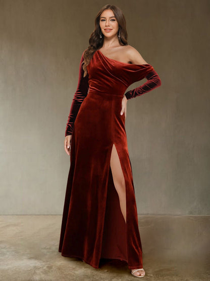 Sheath/Column Off-the-Shoulder Long Sleeves Velvet Evening Dresses with Side Slit