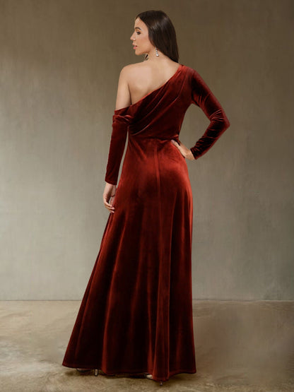 Sheath/Column Off-the-Shoulder Long Sleeves Velvet Evening Dresses with Side Slit