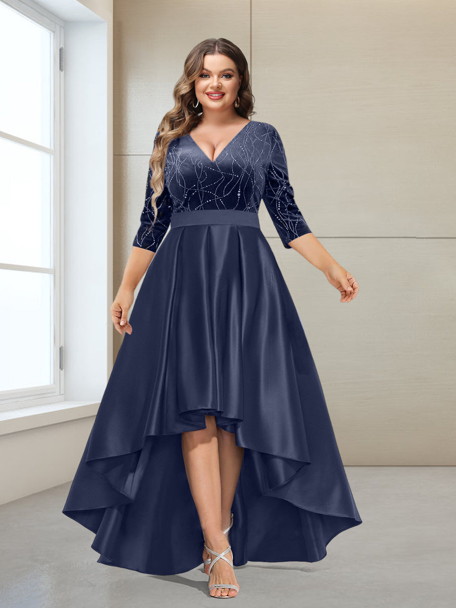 A-Line/Princess V-Neck 3/4 Sleeves Plus size Mother of the Bride Dresses with Beading