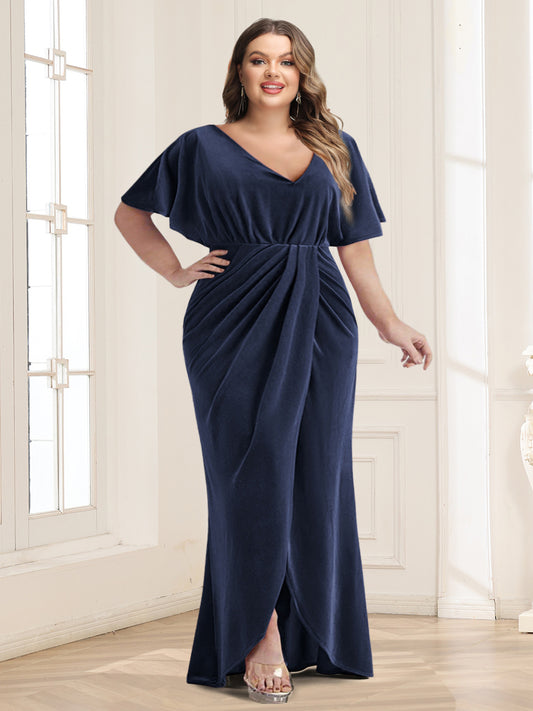 Sheath/Column V-Neck Short Sleeves Ruched Plus Size Mother of the Bride Dresses