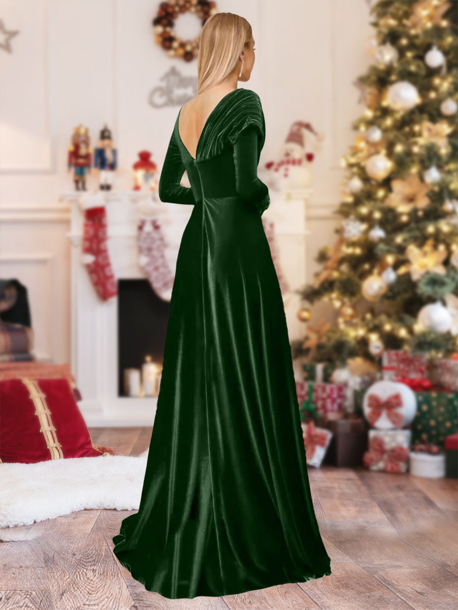 A-Line/Princess Asymmetrical Long Sleeves Pleated Velvet Christmas Dresses