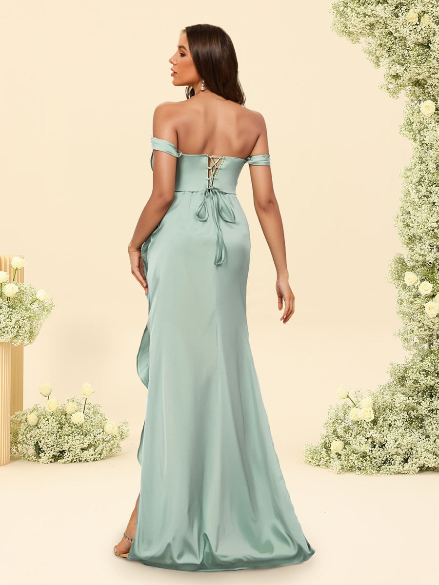 Sheath/Column Off-the-Shoulder Ruched Long Bridesmaid Dresses with Ruffles