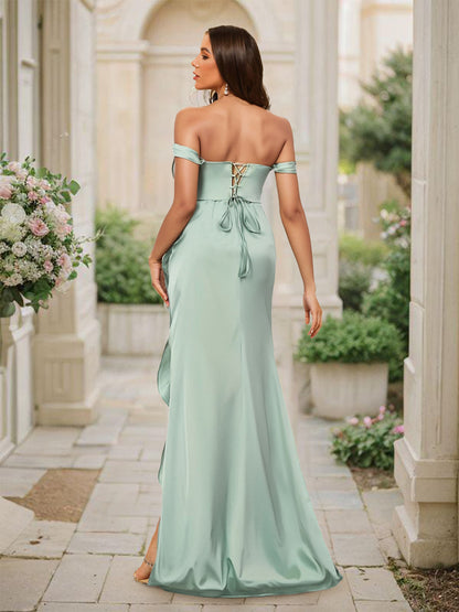 Sheath/Column Off-the-Shoulder Ruched Long Bridesmaid Dresses with Ruffles