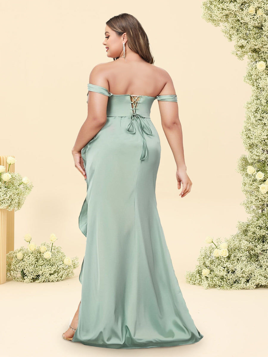 Sheath/Column Off-the-Shoulder Ruched Long Plus Size Bridesmaid Dresses with Ruffles