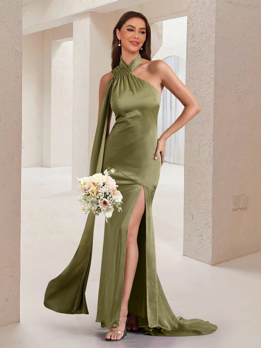 Sheath/Column Asymmetrical High Neck Ruched Long Bridesmaid Dresses with Sash