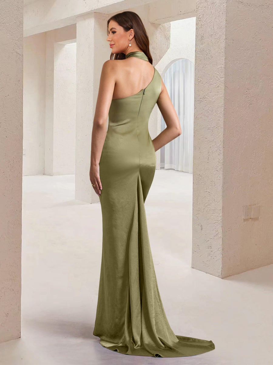 Sheath/Column Asymmetrical High Neck Ruched Long Bridesmaid Dresses with Sash