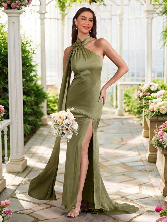 Sheath/Column Asymmetrical High Neck Ruched Long Bridesmaid Dresses with Sash