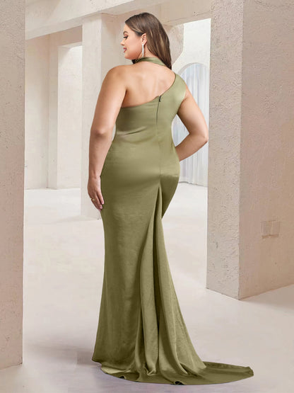 Sheath/Column Asymmetrical High Neck Ruched Long Plus Size Bridesmaid Dresses with Sash