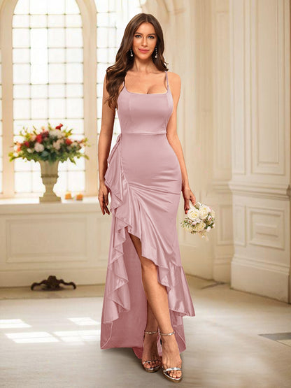 Sheath/Column Scoop Straps Ruffled Long Bridesmaid Dresses with Split Side