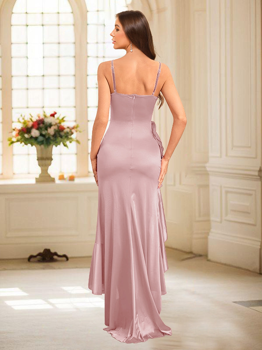 Sheath/Column Scoop Straps Ruffled Long Bridesmaid Dresses with Split Side