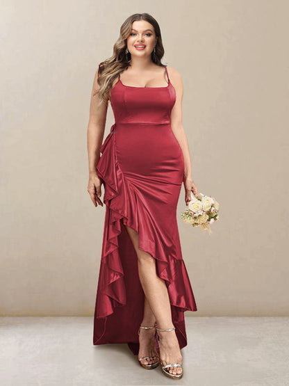 Sheath/Column Scoop Straps Ruffled Long Plus Size Bridesmaid Dresses with Split Side