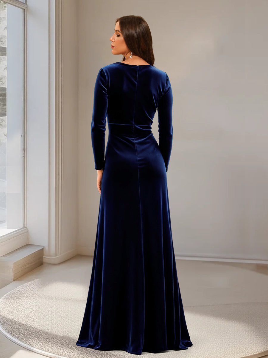 Sheath/Column V-Neck Long Sleeves Velvet Evening Dresses with Split Side