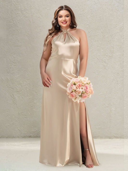 Sheath/Column Halter Keyhole Plus Size Bridesmaid Dresses with Split Side