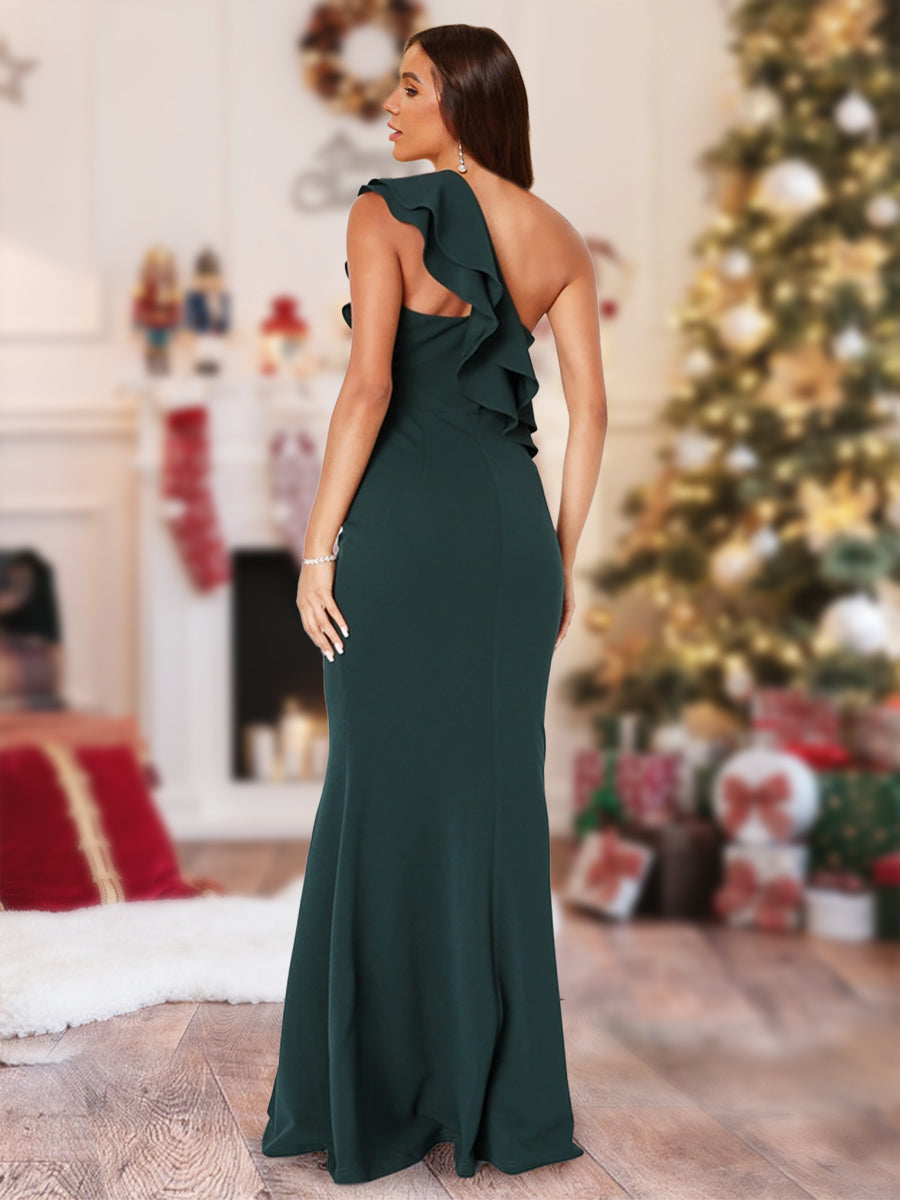 Trumpet/Mermaid One-Shoulder Sleeveless Floor-Length Christmas Dresses With Ruffled