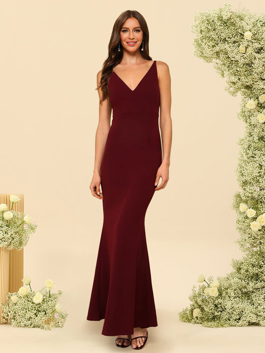 Trumpet/Mermaid V-Neck Sleeveless Long Bridesmaid Dresses With Hidden Back Zipper