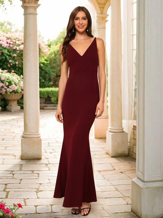 Trumpet/Mermaid V-Neck Sleeveless Long Bridesmaid Dresses With Hidden Back Zipper