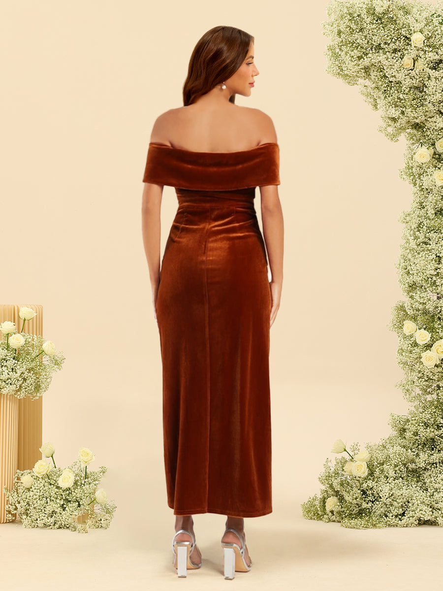 Sheath/Column Velvet Off-the-Shoulder Bridesmaid Dress With Split Side