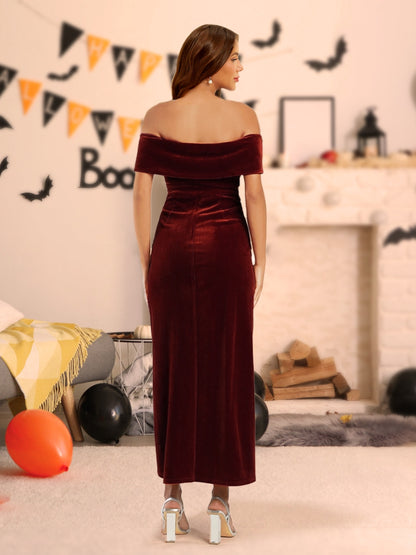 Sheath/Column Velvet Off-the-Shoulder Halloween Dress With Split Side