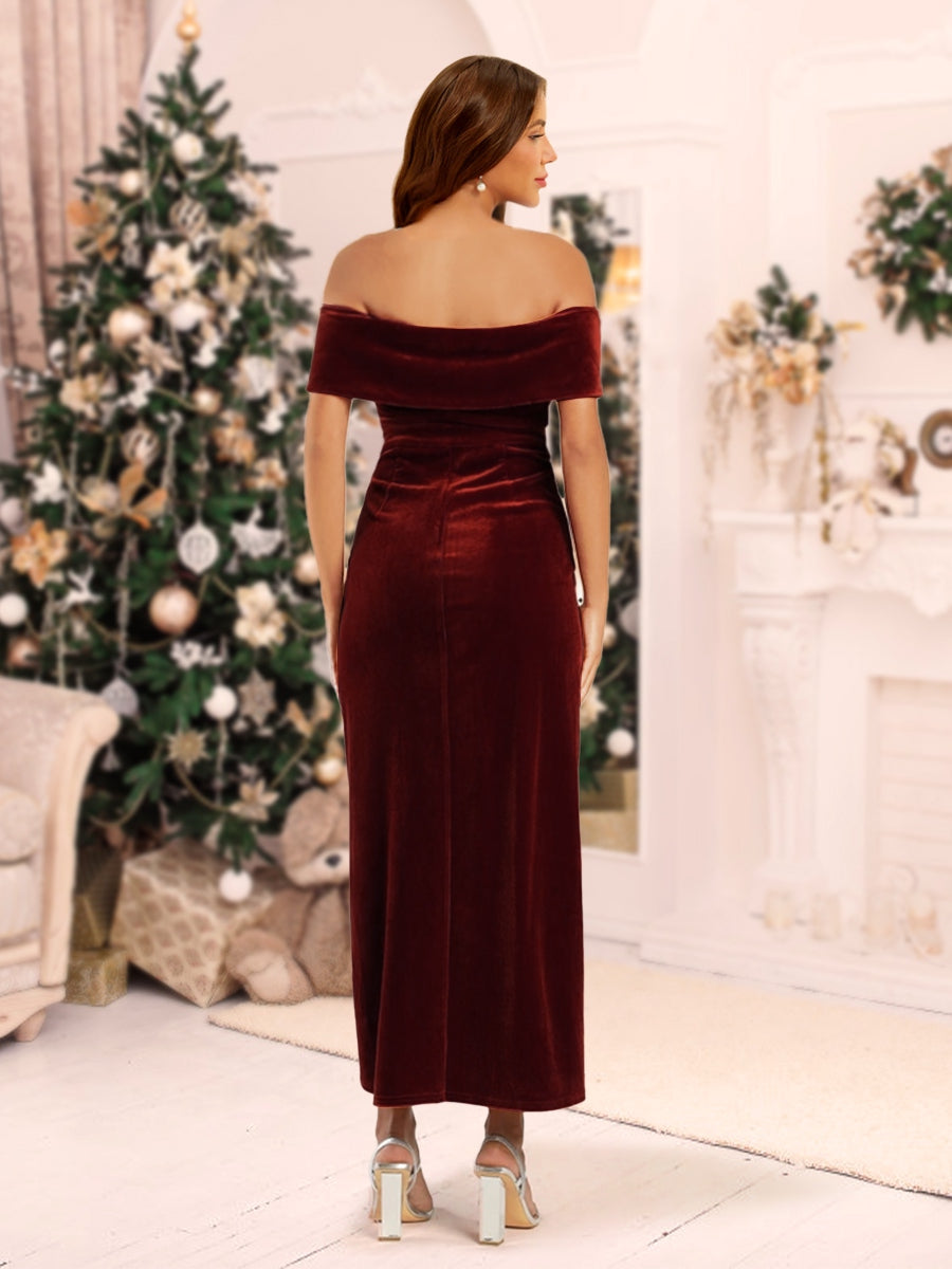 Sheath/Column Velvet Off-the-Shoulder Christmas Dress With Split Side