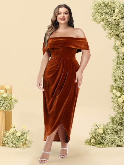 Sheath/Column Velvet Off-the-Shoulder Plus Size Bridesmaid Dress With Split Side