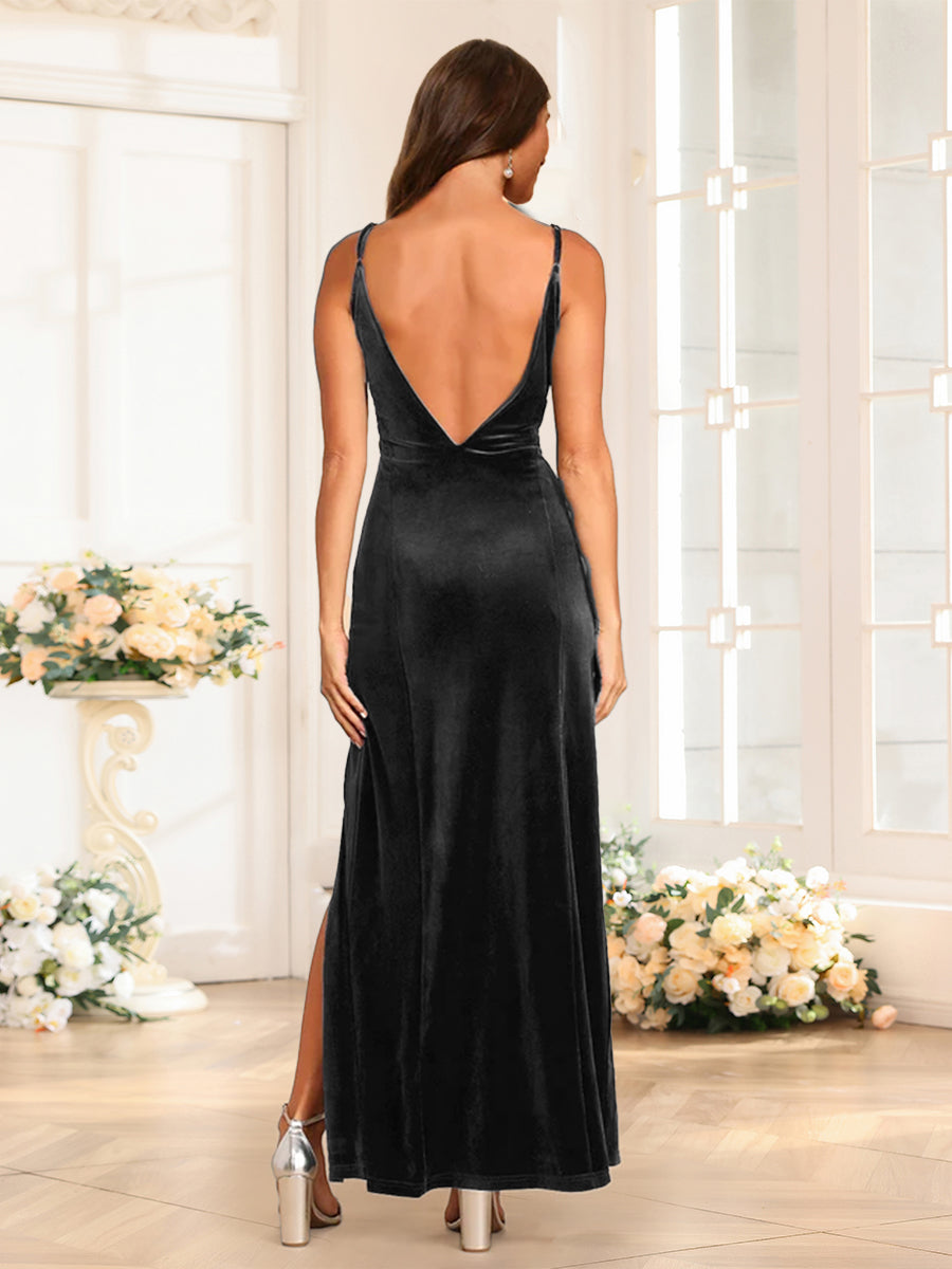 Sheath/Column Velvet V-Neck Spaghetti Straps Bridesmaid Dresses With Split Side