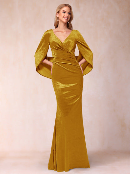 Trumpet/Mermaid V-Neck Half Sleeves Floor-Length Evening Dresses