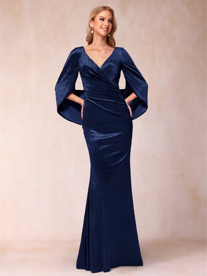 Trumpet/Mermaid V-Neck Half Sleeves Floor-Length Evening Dresses