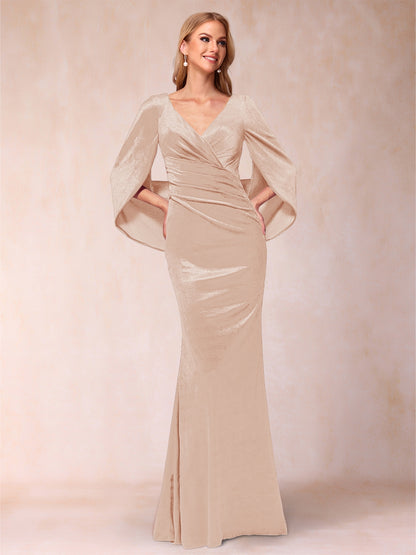 Trumpet/Mermaid V-Neck Half Sleeves Floor-Length Evening Dresses