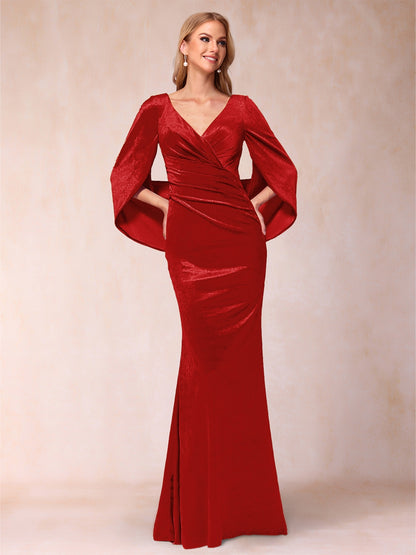 Trumpet/Mermaid V-Neck Half Sleeves Floor-Length Evening Dresses